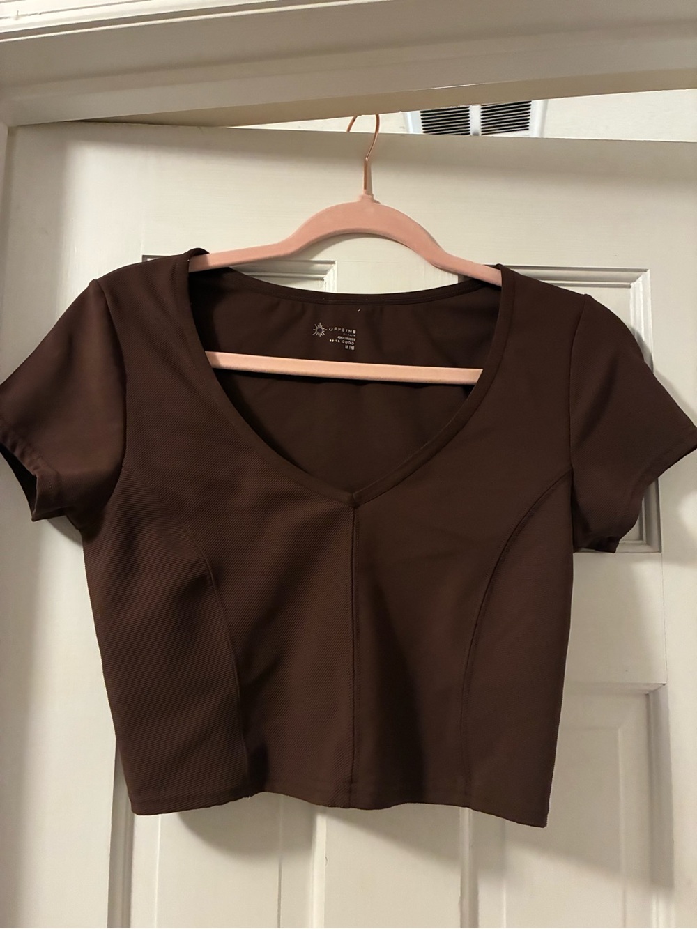 Aerie OFFLINE Chocolate Brown V-Neck Short Sleeve Crop Top